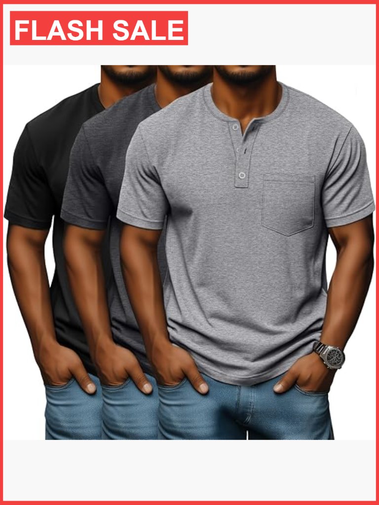 3 Pack Big And Tall Henley T-Shirts Short Sleeve Pocket Soft Casual Tees